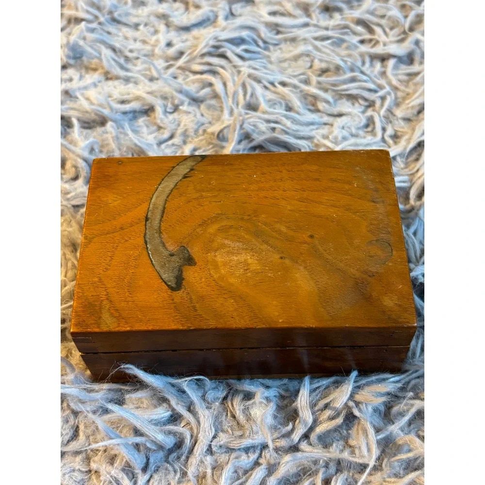 Vintage Handmade Wooden Trinket Box Inlaid Crescent Moon Small Keepsake Chest